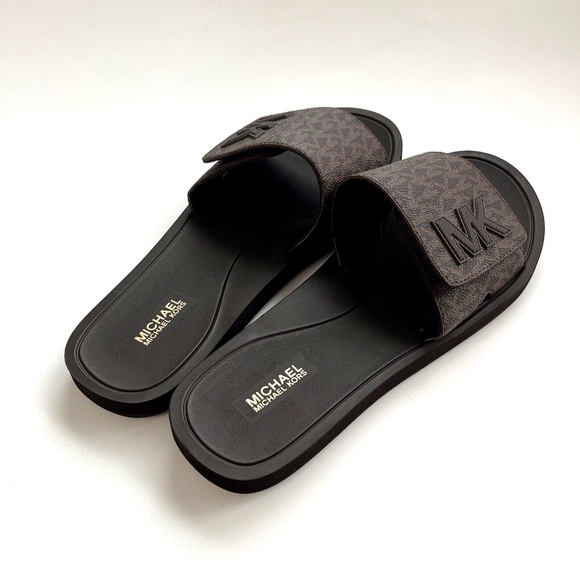 NWB MICHAEL KORS Hook and Loop MK Signature Slide Sandal Size 10 Brown - Picture 5 of 7